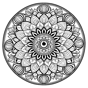 Fesselndes Mandala mit symmetrischen Blattformen und Kreisen Ausmalbild für kleine Meisterkünstler und kreative Abenteuerer