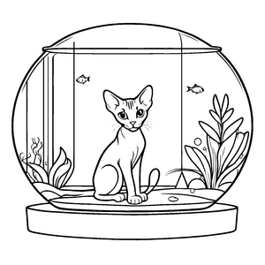 Sphynx Katze im Glasfischbecken mit neugierigen Fischen Malvorlage für fantasievolle Entdecker