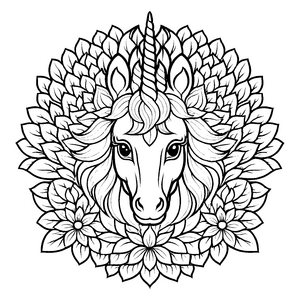 Magisches Mandala mit einem einhornhaften Mittelpunkt und floralen Verzierungen Ausmalmotiv für fantasievolle Traumgestalter und kleine Kreativlinge