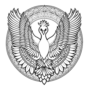 Majestätisches Mandala mit gefiedertem Mittelpunkt Ausmalbild für kleine Traumtänzer und kreative Entdecker