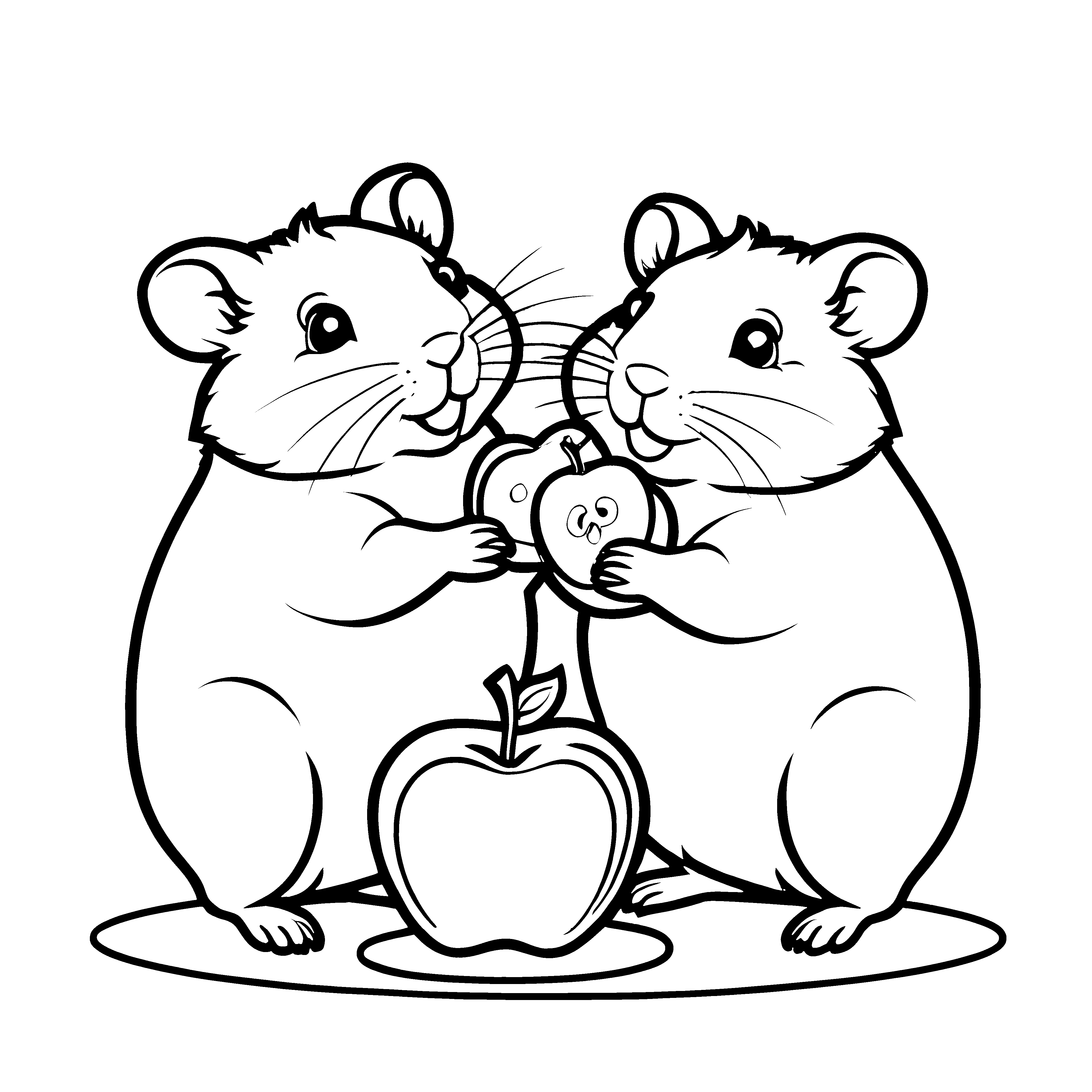Zwei bezaubernde Hamster teilen einen Apfel Ausmalbild für kleine Gourmet-Entdecker