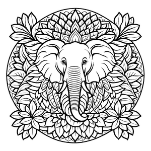 Elegantes Mandala mit zentralem Elefanten und floralen Mustern Malvorlage für kreative Träumer und kunstbegeisterte Kinder