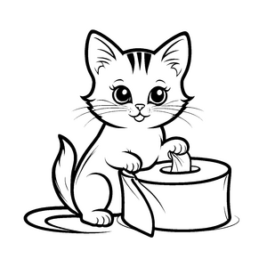 Freche Katze mit schickem Schlips neben Klopapier Ausmalmotiv für fantasievolle Entdecker mit Humor