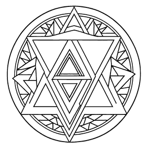 Geheimnisvolles Mandala mit zentralem Dreieck und filigranen Mustern Ausmalbild für fantasievolle Entdecker und kleine Kunstschaffende