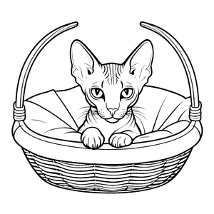 Charmante Sphynx Katze in einem Korb Ausmalvorlage für neugierige Kunstentdecker
