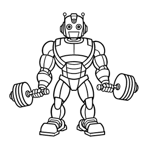 Kraftvoller Roboter mit zwei Hanteln Ausmalmotiv für futuristische Sportler