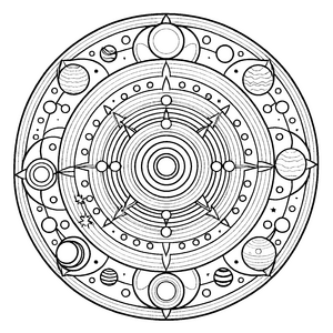 Galaktisches Mandala mit himmlischen Zeichen und Planeten Ausmalbild für mutige Astronauten und kreative Sternenforscher