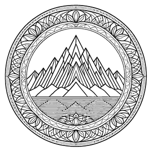 Verzaubertes Mandala mit harmonischen Berg- und Blütenmotiven Ausmalvorlage für kleine Träumer und kreative Naturentdecker