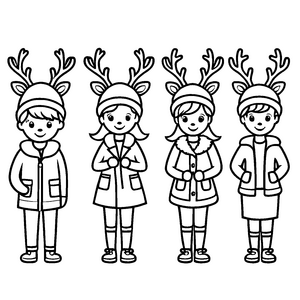 Fünf fröhliche Kinder mit Glitzergeweihen Ausmalvorlage für kleine Winterzauberer