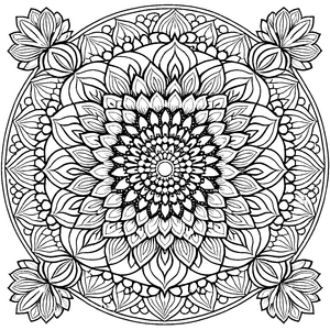 Elegantes Mandala mit kunstvollen Blüten-Elementen Malvorlage für fantasievolle Farbkünstler und kleine Meditierer