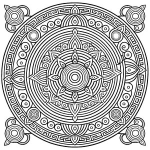 Mystisches Mandala mit geometrischen Formen und starren Mustern Ausmalvorlage für künstlerische Entdecker und kreative Farbenfreaks