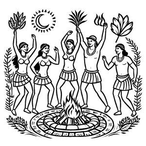 Neolithische Frauen mit Palmblättern am Lagerfeuer Ausmalbild für abenteuerlustige Entdecker