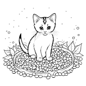 Niedliche Katze in buntem Fressnapf Ausmalvorlage für kleine Tierliebhaber und Kreative