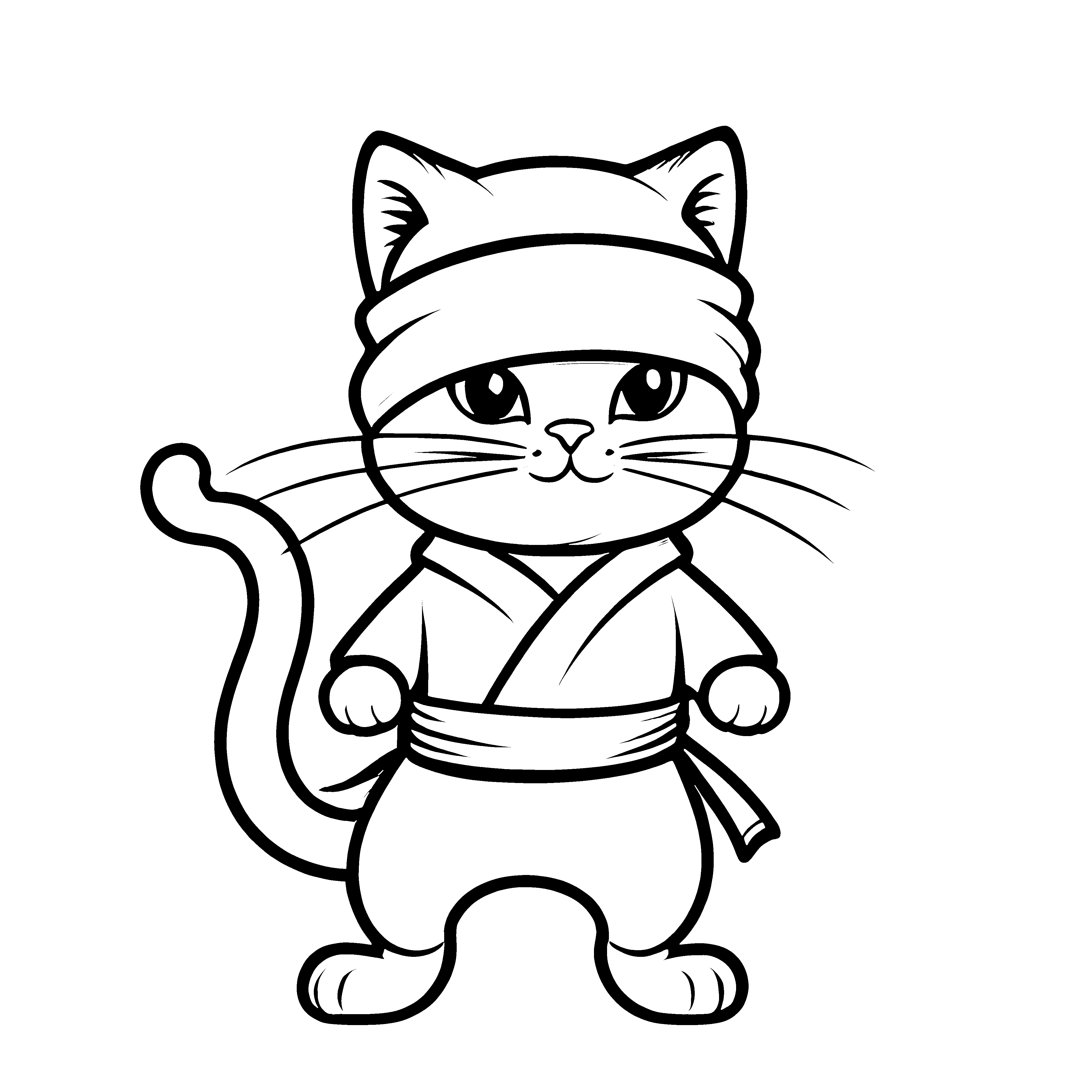 Niedliche Katze mit Bandana und Gurt in entspannter Pose Ausmalvorlage für träumerische Tierfreunde