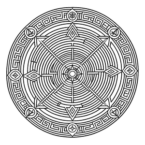 Intrikates Mandala mit symbolischen Geometrien und zentralem Punkt Ausmalvorlage für neugierige Entdecker und phantasievolle Künstler