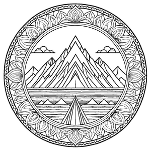 Harmonisches Mandala mit Bergen und einem Boot Ausmalbild für abenteuerliche Entdecker und fantasievolle Maler