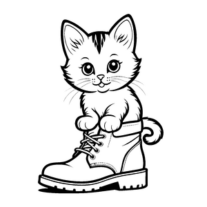 Niedliche Katze in schickem Stiefel Ausmalvorlage für kleine Schuhliebhaber