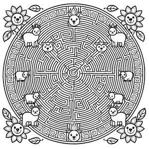 Kreatives Mandala mit verspielten Kaninchenmotiven Ausmalvorlage für neugierige Künstler und fantasievolle Entdecker