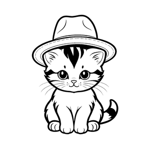 Schwarz-weiße Katze mit großem Cowboyhut Ausmalvorlage für kleine Entdecker