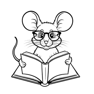 Witzige Maus mit Brille beim Lesen eines Buches Ausmalmotiv für kleine Wissensschatzsucher