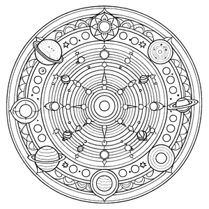 Bezauberndes Mandala mit funkelnden Planeten und Sternen Ausmalbild für träumende Weltraumkünstler und kreative Sternenforscher