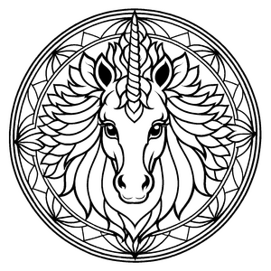 Verzaubertes Mandala mit elegantem Einhorn und funkelnden Sternen Ausmalbild für kleine Traumschneider und kreative Farbmagier