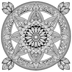 Faszinierendes Mandala mit geometrischen Sternen und floralen Details Ausmalbild für kreative Entdecker und kleine Traumbauer