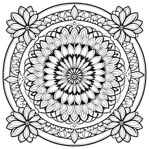 Filigranes Mandala mit bezauberndem Blumenmuster Ausmalbild für träumerische Farbgestalter und kleine Kunstliebhaber
