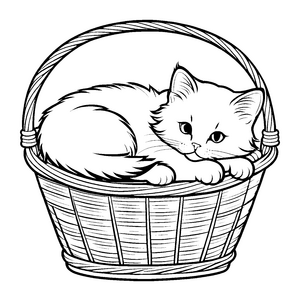 Gemütliche Perserkatze im geflochtenen Korb Malvorlage für träumerische Tierliebhaber