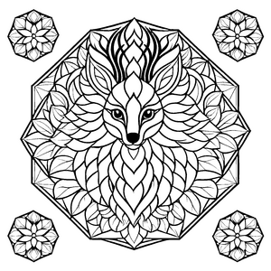 Bezauberndes Mandala mit stilisiertem Fuchs und schimmernden Verzierungen Ausmalmotiv für kleine Künstler und neugierige Farbenthusiasten