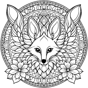 Magisches Mandala mit elegantem weißen Fuchs und funkelnden Sternen Ausmalbild für abenteuerlustige Träumer und künstlerische Entdecker