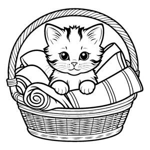 Nostalgische Schmusekatze in gemütlichem Wäschekorb Ausmalbild für fantasievolle Tierfreunde und kleine Künstler