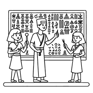 Lehrreicher ägyptischer Schreiber mit hieroglyphischen Zeichen Ausmalbild für neugierige Entdecker