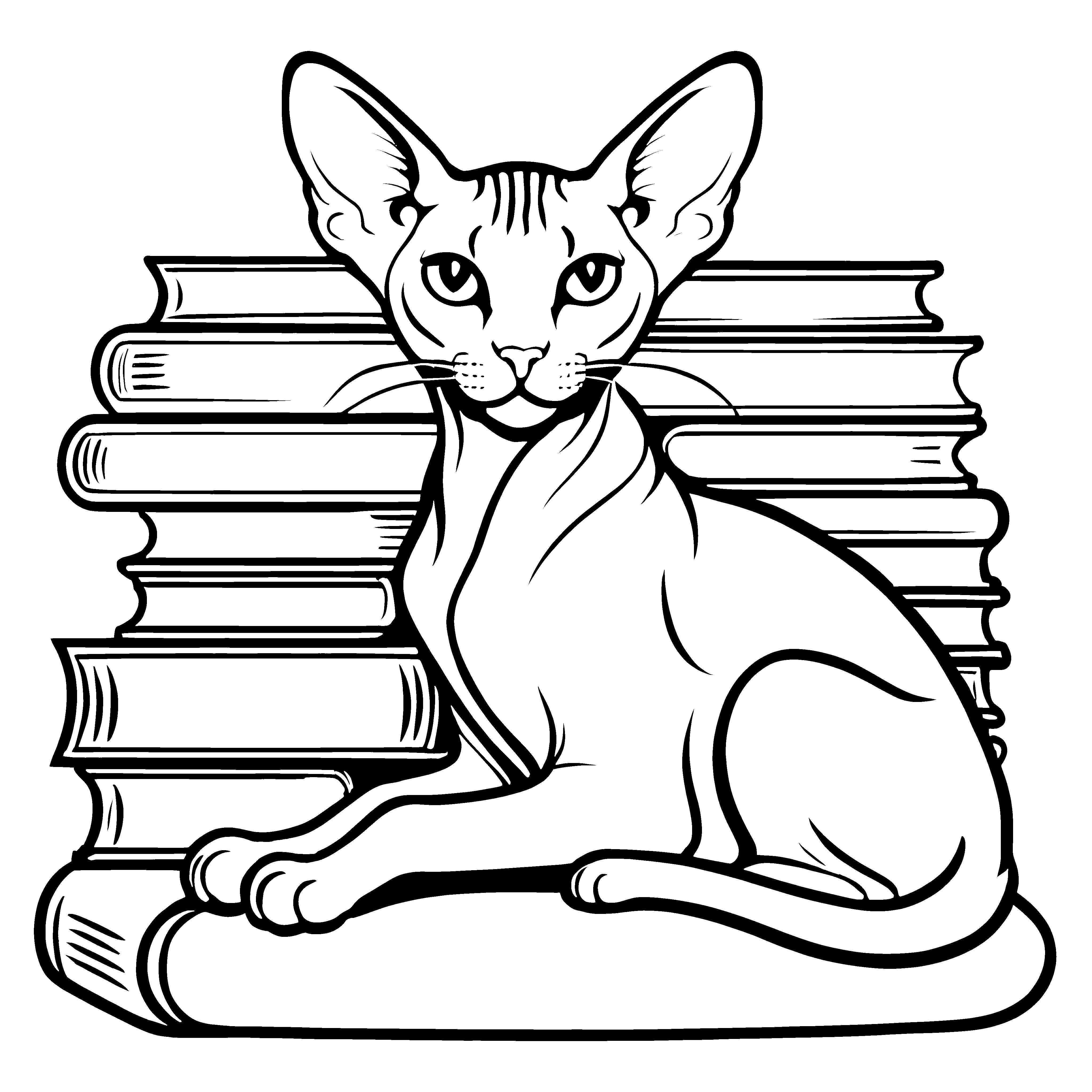 Elegante Sphynx Katze auf Bücherstapel Malvorlage für neugierige Leseratten