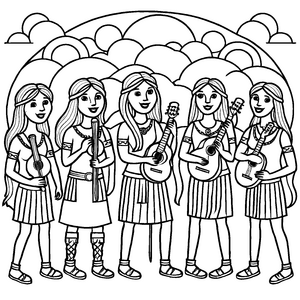 Fünf keltische Mädchen mit Musikinstrumenten Malvorlage für kreative Klangzauberer