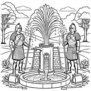 Zwei beeindruckende römische Legionäre neben einem Brunnen Ausmalmotiv für kleine Geschichtenerforscher