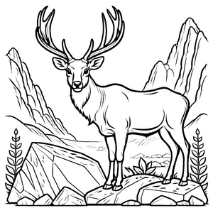 Majestätischer Riesenhirsch auf felsigem Gipfel Ausmalmotiv für neugierige Naturentdecker