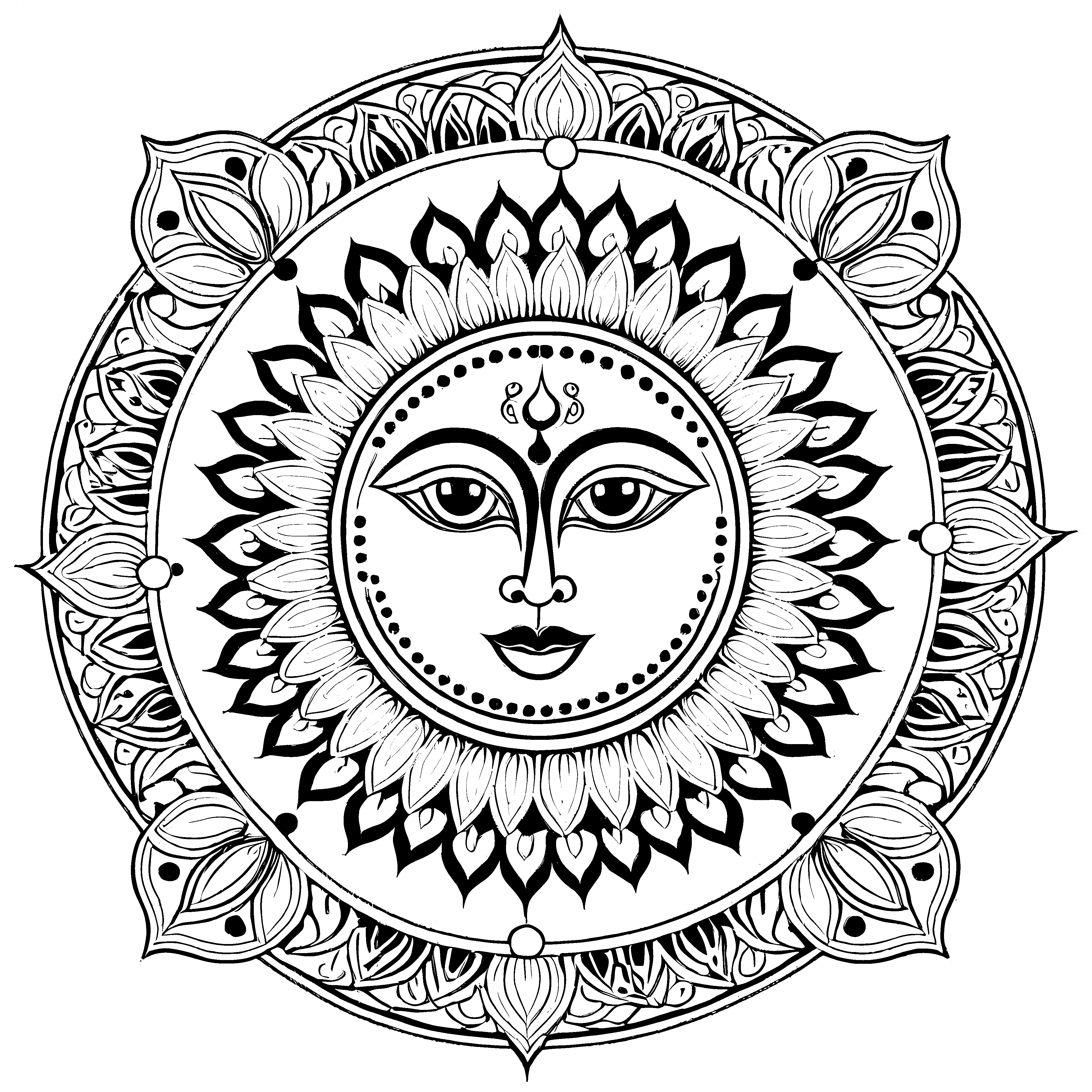 Strahlendes Mandala mit faszinierenden Sonnenmotiven Ausmalvorlage für neugierige Künstler und kreative Entdecker