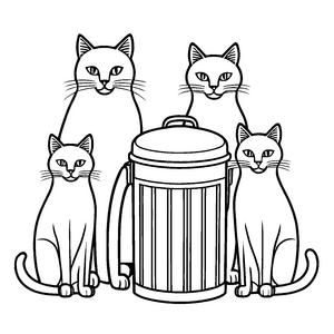 Drei neugierige Katzen am bunten Mülleimer Ausmalbild für kleine Umweltschützer