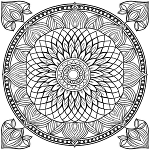 Elegantes Mandala mit faszinierenden Mustern und Formen Ausmalbild für träumerische Künstler und kreative Entdecker