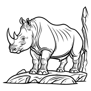 Faszinierendes Wollnashorn mit imposanten Hörnern auf Felsen Malvorlage für kleine Abenteurergeist