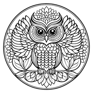 Mystisches Mandala mit eule und einem ast Ausmalmotiv für träumerische Farbenthusiasten und kleine Naturfreunde