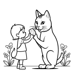 Verspielte Katze mit leckerem Kuchen und Mädchen Ausmalbild für neugierige kleine Feinschmecker