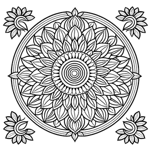 Bezauberndes Mandala mit floralen Motiven und hypnotisierenden Details Ausmalblatt für neugierige Tagebuchkünstler und kreative Farbträumer