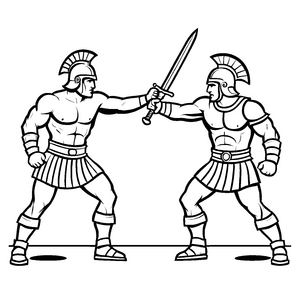 Dramatischer Kampf zweier mutiger Gladiatoren Ausmalvorlage für tapfere Abenteuerlustige