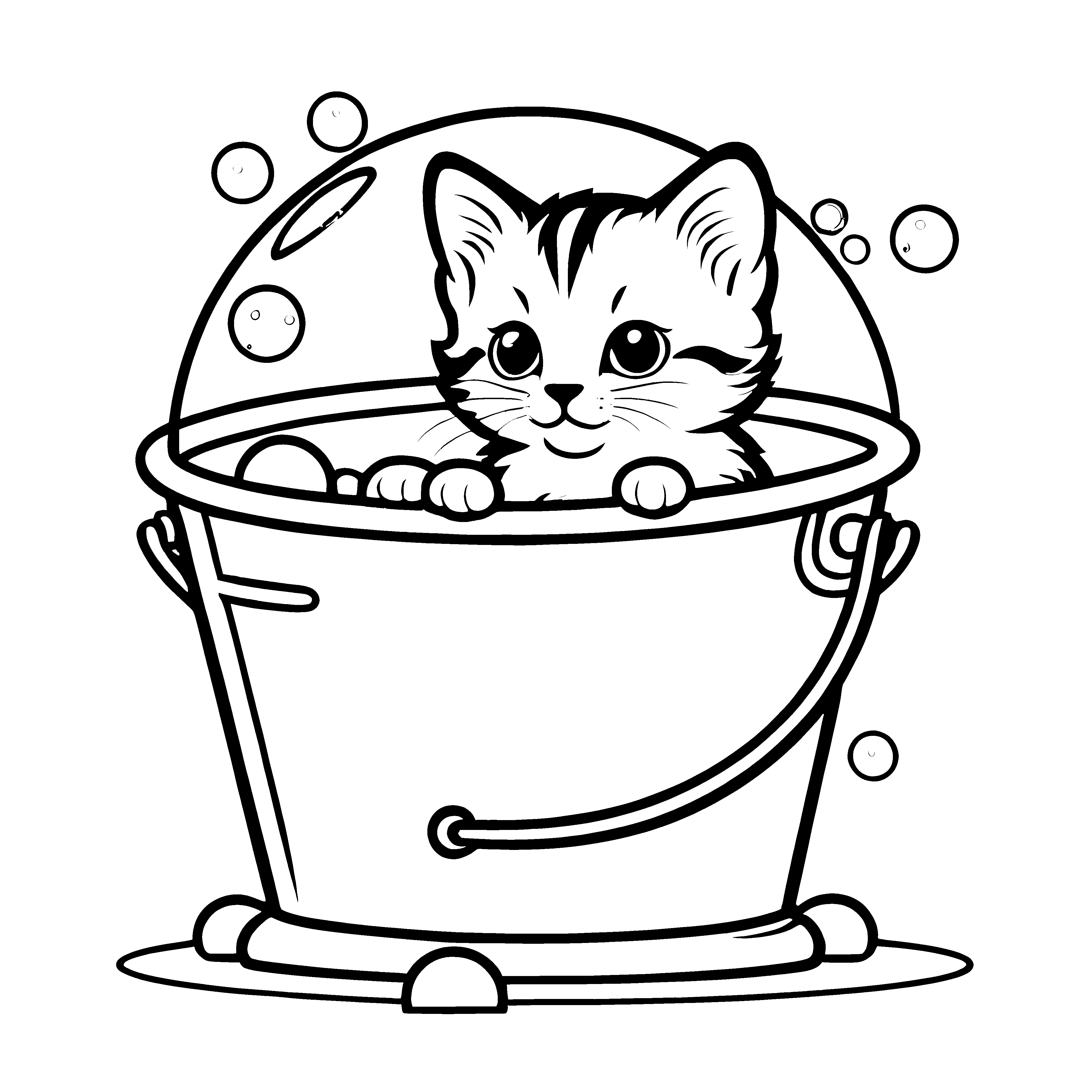 Verspielte Katze im bunten Blubberbad Ausmalbild für kleine Kreativlinge