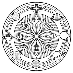 Galaktisches Mandala mit Planeten und Sternen Ausmalmotiv für kleine Kosmonauten und träumerische Farbhelden