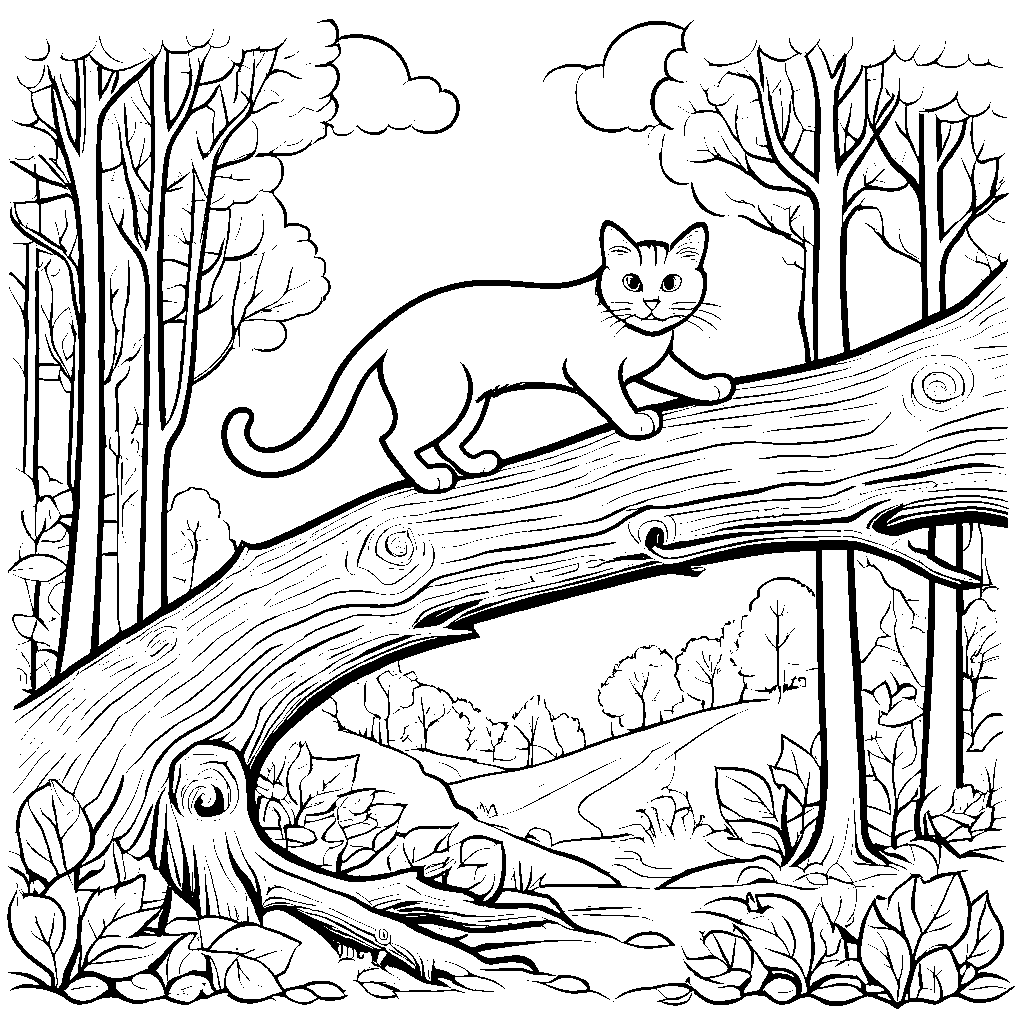 Schwarze Katze auf einem hohen Baumast Ausmalvorlage für abenteuerlustige Tierliebhaber