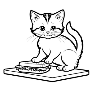 Freche Katze auf Sandwich thronend Ausmalbild für kleine Gourmet-Fans mit großem Appetit