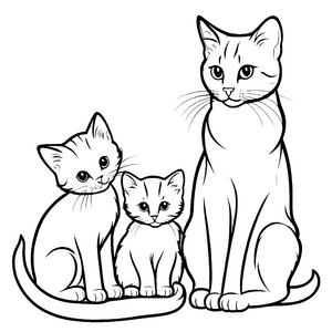 Herzliche Katzenfamilie mit drei tollen Kätzchen Ausmalbild für kreative Tierfreunde voller Fantasie